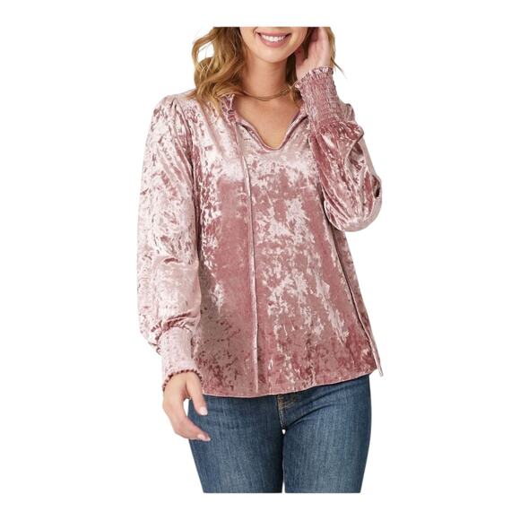 Mystree Crushed Velvet Smocked Women's size Medium Casual Career Peasant Top - Picture 2 of 15